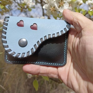 Small black and blue leather women's wallet with hearts, Original handmade gifts. Handmade coin purse