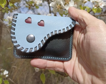 Small black and blue leather purse for women with hearts, original handmade gifts. Handmade coin holder