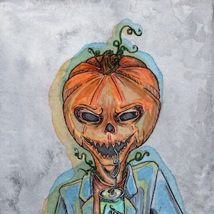ORIGINAL Thirsty Pumpkinhead 5x7in ink and watercolor halloween illustration