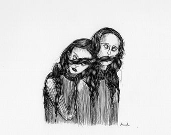 Solidarity Sisters - Original 8.5x5.5in Pen and Ink Line art Illustration
