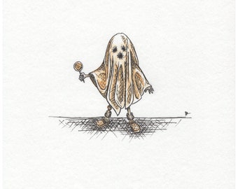 Little Ghost Original 7x5in Unframed Ink & Watercolor Illustration