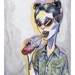 ORIGINAL Boba Vampire 5x7in ink and watercolor halloween illustration