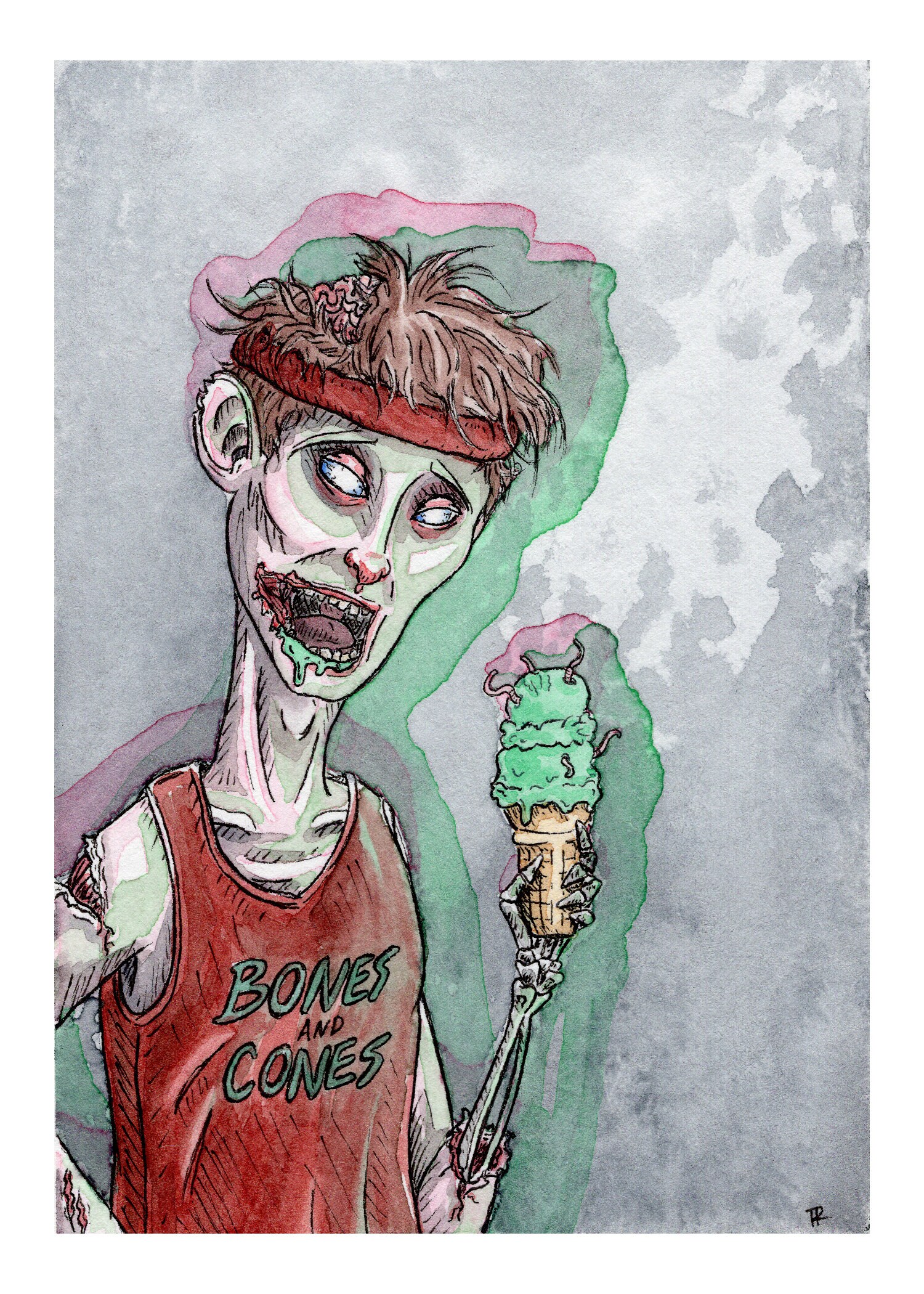 ORIGINAL Hungry Zombie 5x7in ink and watercolor halloween illustration