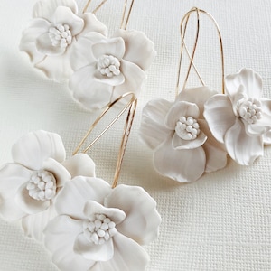 18K Gold | White Flower Wedding Earrings | Unique Flower Earrings | Bridesmaid Proposal gift | Statement wedding earrings | Lightweight earr