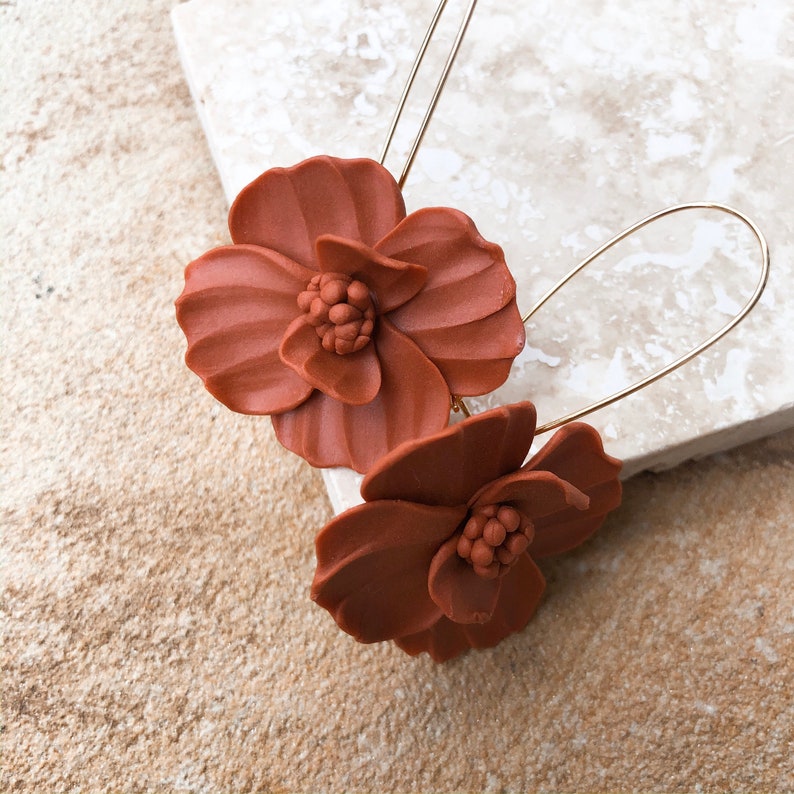 18KGold rust flower earrings red orange floral earrings bridesmaids earrings fall wedding tropical wedding, beach wedding, colorful bride image 1