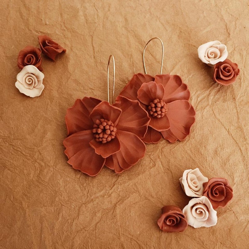 18KGold rust flower earrings red orange floral earrings bridesmaids earrings fall wedding tropical wedding, beach wedding, colorful bride image 6