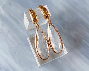 Marion / Pendientes de lágrima de cristal transparente chapados en oro de 14 quilates / pendientes de gota de lluvia estilo nupcial simple