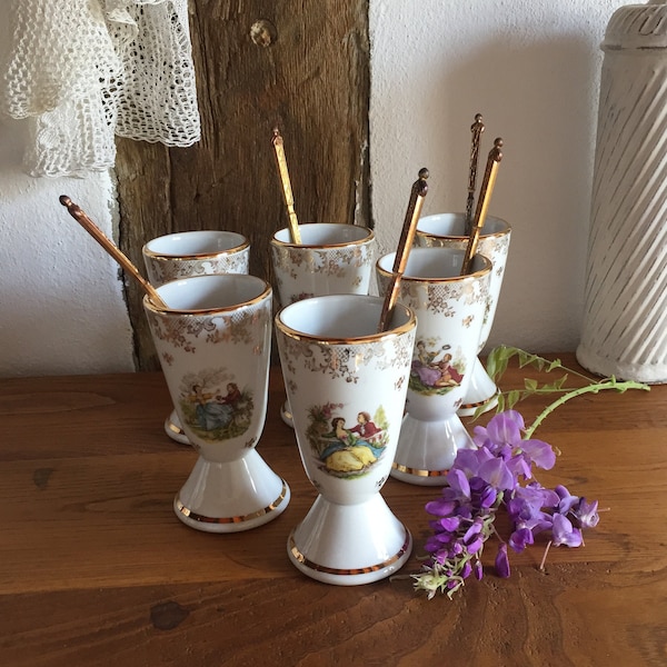 6 franzoesische Porzellan Cappuccino Cup, Eiskelch, Kaffeebecher mit Loeffel, Hand bemalt, Vintage, gestempelt