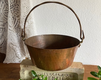 Stary miedziany czajnik, młotkowany z metalową rączką, doniczka, rośliny wiszące, brokan