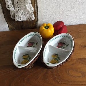 2X oval serving bowl with wicker basket, Italian porcelain TOGNANA - BOTANICHE Vintage, oven dish
