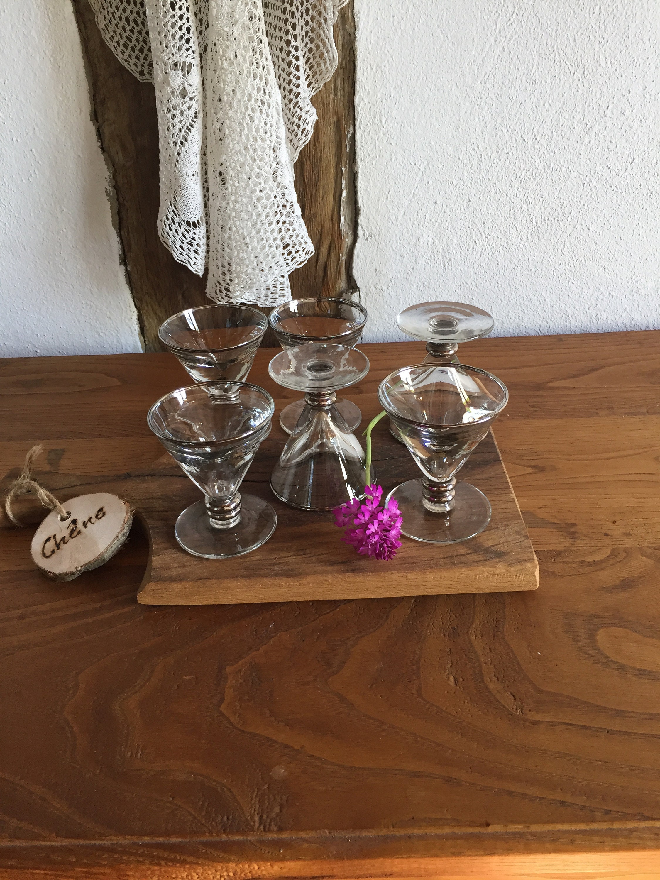 6X French Sherry, Aperitif, Port or Liqueur Glass with Silver Rim, Thick Glass, Party Glaeser, Vintage 30s