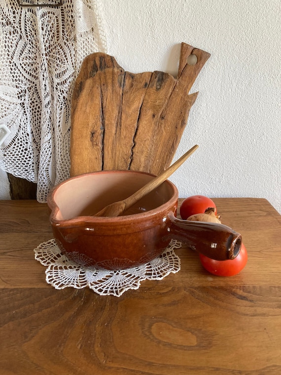 Traditionelle franzoesische Vintage, braun glasiertes Keramik Steinzeug, LA BOURGUIGNONNE, rustikaler Kochtopf, Stilpfanne, Bauernhaus