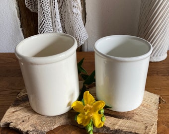 2X Pots confits en grès émaillé antique beige, fait à la main, confitures, style ferme, décoration environ années 40