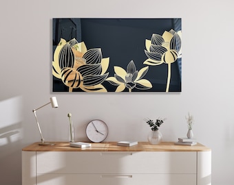 Black and Gold Extra Large Mirrored Acrylic Wall Art / Made In USA / Luxury Gift / Wall Decor / Modern Art / Lotus Flower