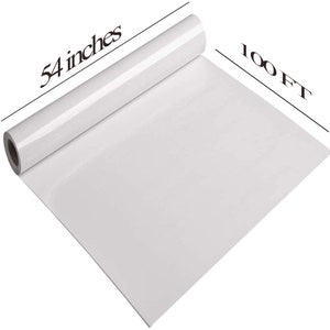 May include: A white roll of 54-inch wide vinyl paper, 100 feet long. The paper is rolled up and the end is unrolled, showing the white surface.