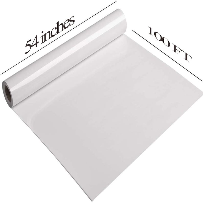 May include: A white roll of 54-inch wide vinyl paper, 100 feet long. The paper is rolled up and the end is unrolled, showing the white surface.