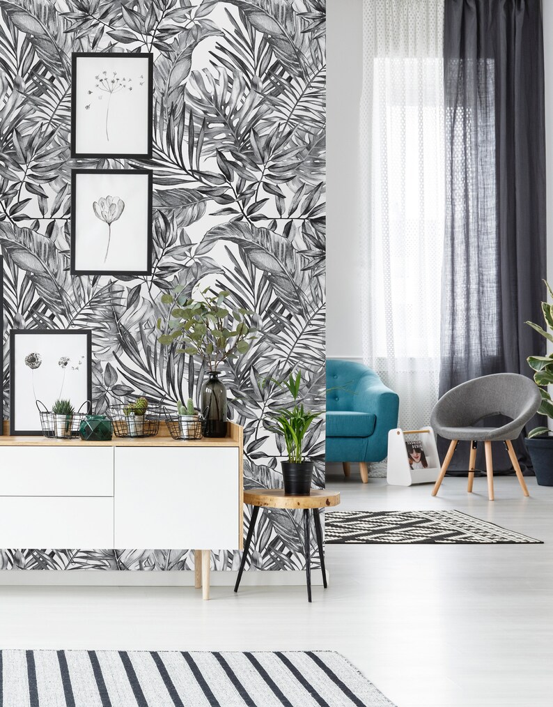 Removable Wallpaper Self Adhesive Wallpaper Gray Tropical Etsy