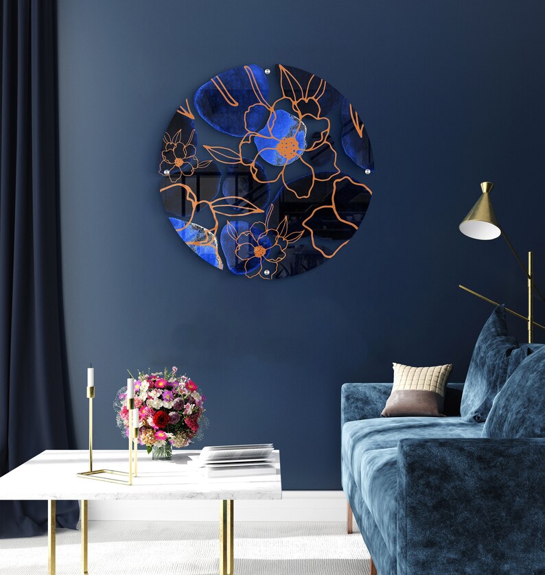 Dark Blue Wall Art, Circle Print, Nursery Wall Decor, Floral Prints