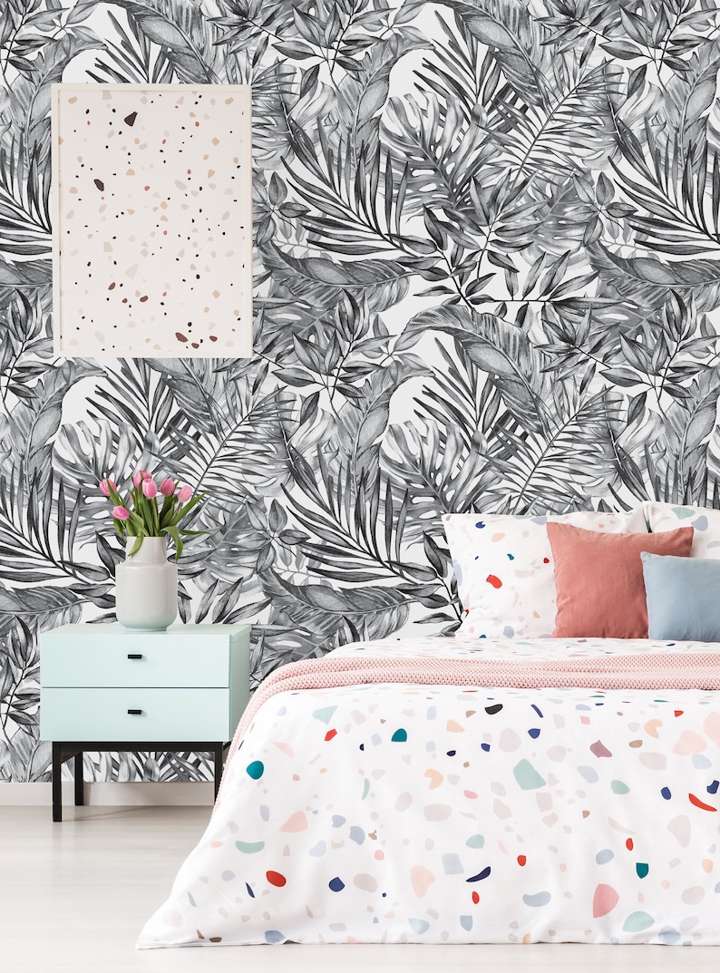 Removable Wallpaper Self Adhesive Wallpaper Gray Tropical Etsy