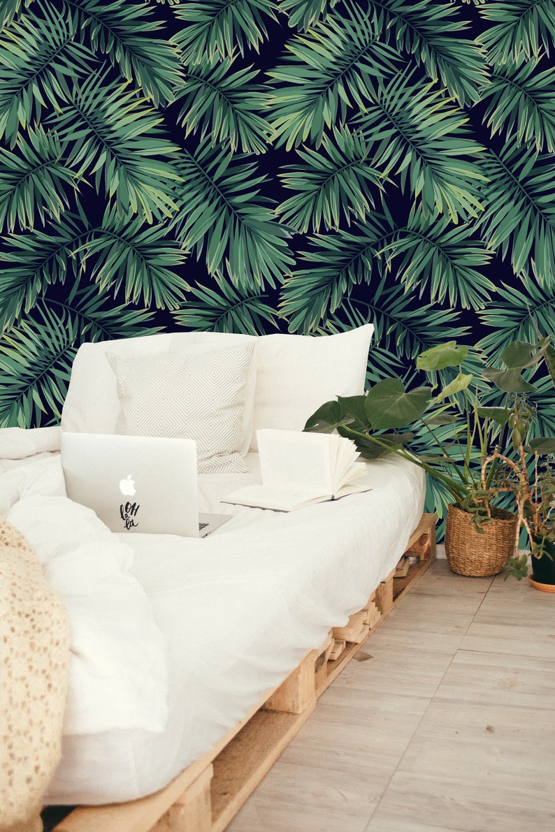 Removable Wallpaper Self Adhesive Wallpaper Dark Palm Leaves Etsy
