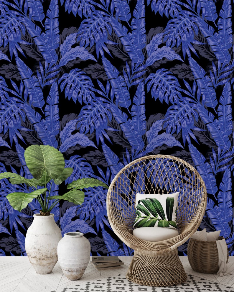 Removable Wallpaper Self Adhesive Wallpaper Purple Tropical Leaves on Black Background Peel /& Stick Wallpaper