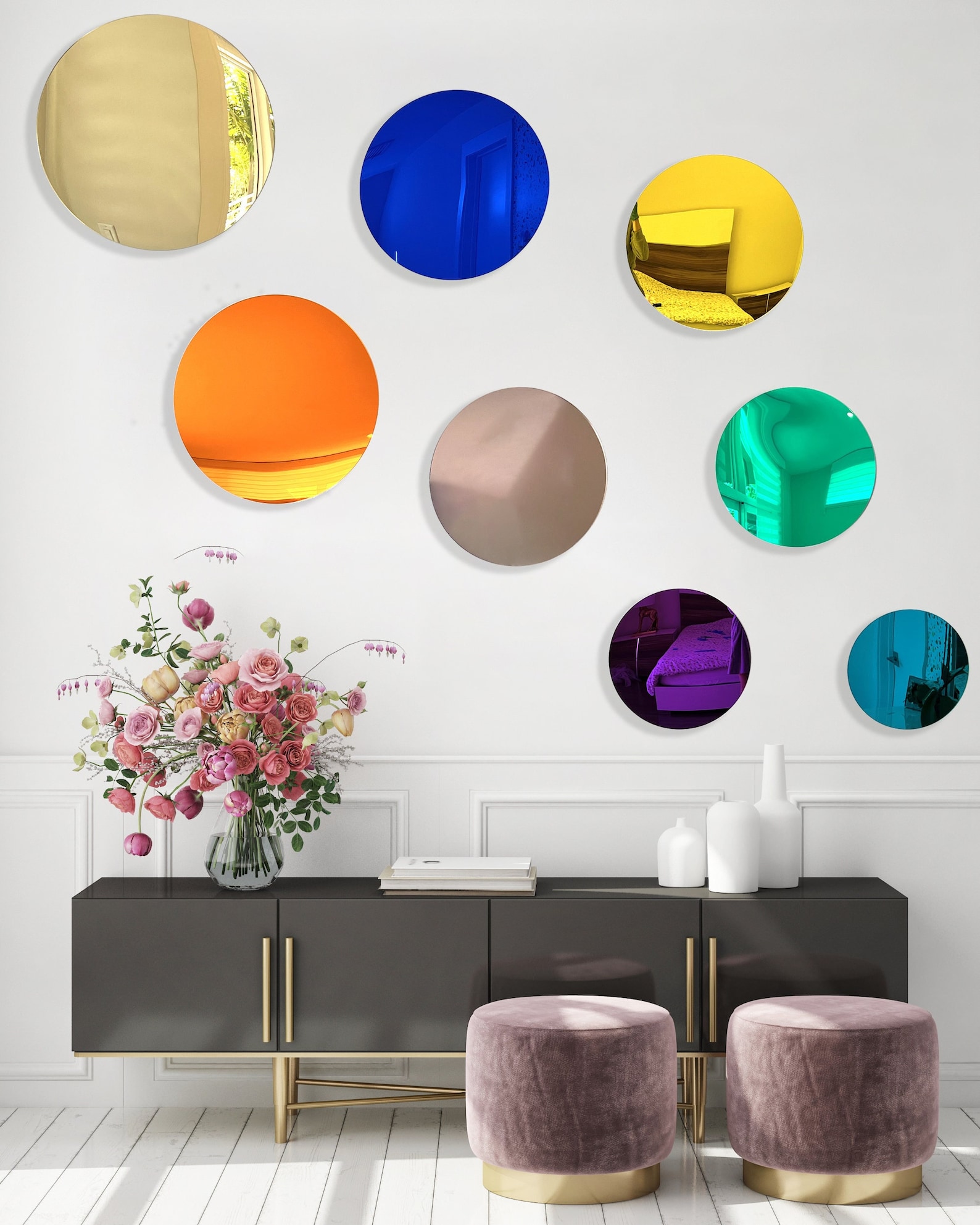 Mirrored Acrylic Abstract Circles Wall Art: Modern Home Decor, Set of 8