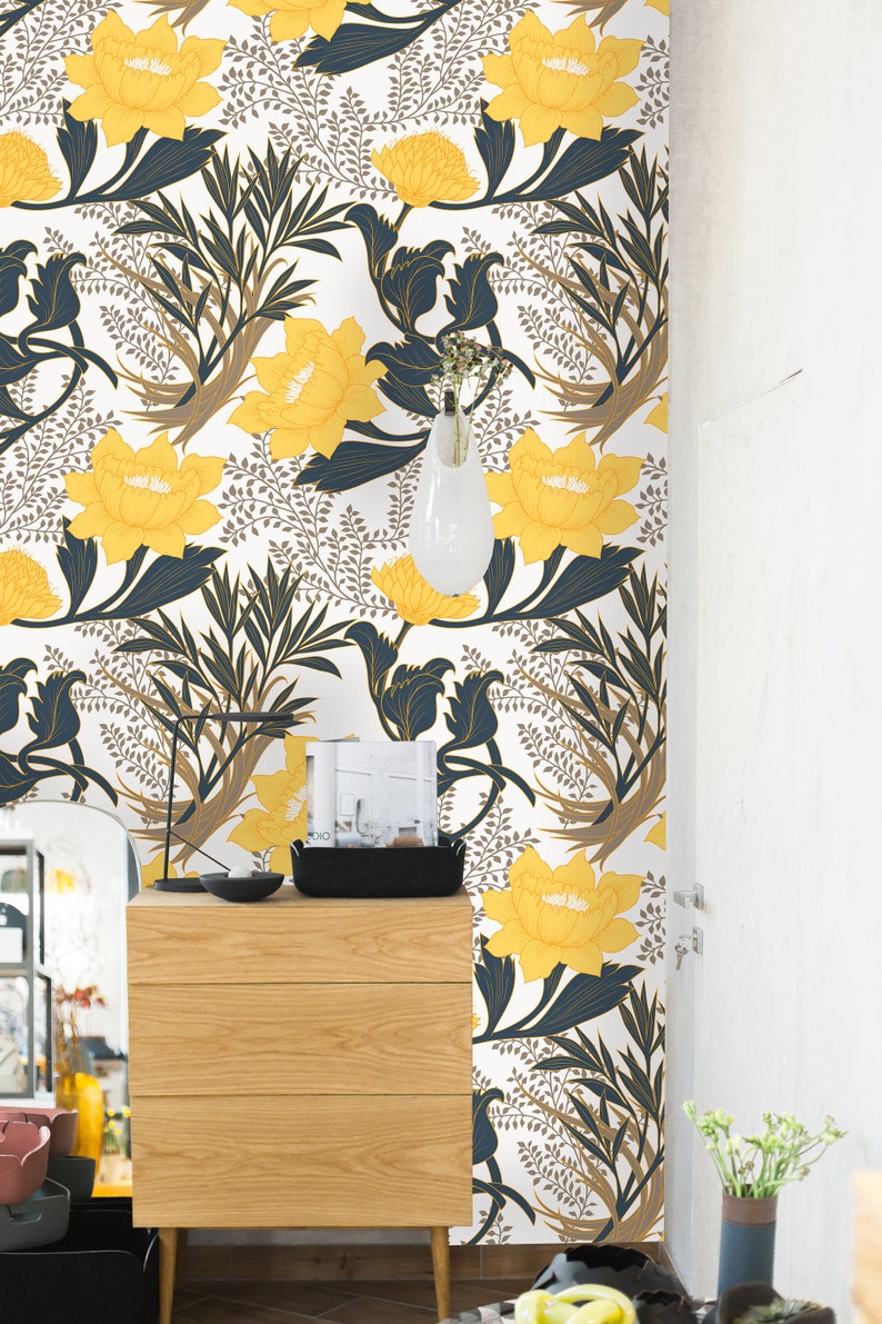 Removable Wallpaper Self Adhesive Wallpaper Yellow Peonies Etsy