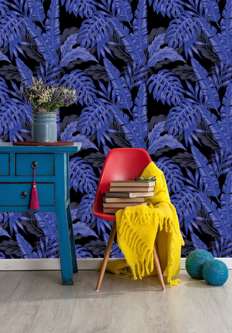 Removable Wallpaper Self Adhesive Wallpaper Purple Tropical Leaves on Black Background Peel /& Stick Wallpaper