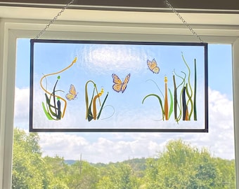 Monarch Butterflies Art Glass Panel