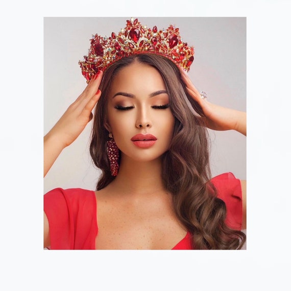 Quinceanera Tiara ,large Gold Crown ,rhinestones Tiara, Bridal Red