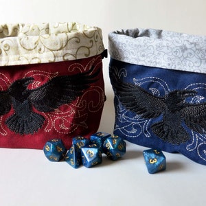 dice bag/embroidered dice bag/raven/ reversible dice bag/rune stone bag/ tarot card pouch/crow/crow embroidery/raven embroidery
