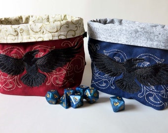 dice bag/embroidered dice bag/raven/ reversible dice bag/rune stone bag/ tarot card pouch/crow/crow embroidery/raven embroidery
