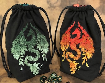 Extra large double drawstring reversible dice bag/ autumn leaf dragon