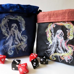 dice bag/embroidered dice bag/ dungeons and dragons mage/ reversible dice bag/rune stone bag/ tarot card pouch/ glow in the dark