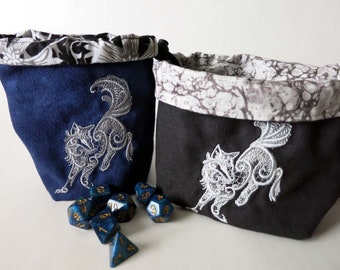 dice bag/embroidered dice bag/ dark creatures wolf/ reversible dice bag/rune stone bag/ tarot card pouch/ wolf embroidery