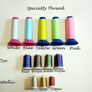 May include: A collection of specialty threads in various colors, including white, blue, yellow, green, and pink, with the text "Glow." Additional threads are labeled "Tie-Dye" and "Metallic," with colors like silver, gold, and copper.