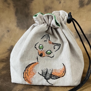 Embroidered Fox Dice Bag: Reversible Linen Drawstring Pouch