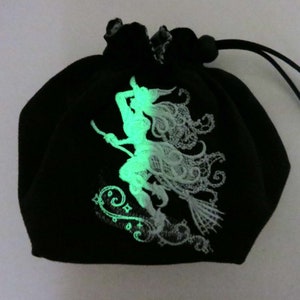 dice bag/embroidered dice bag/ glow in the dark witch/ reversible dice bag/rune stone pouch/ tarot card bag/ wicca supplies