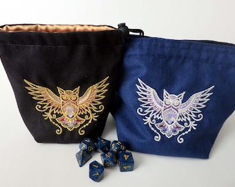 Borsa per dadi/gufo ricamata reversibile personalizzabile