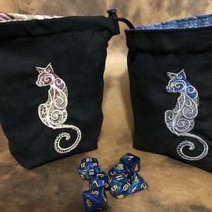 Würfelbeutel/ bestickte Würfeltasche/ schwarze Katze/ Würfelbeutel/ W20/Dungeons and Dragons/ Runensteinbeutel/ Runensteinbeutel
