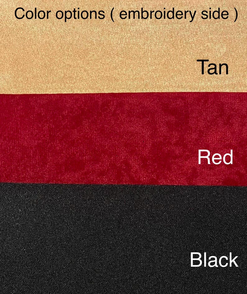 May include: Image showing color options for embroidery: tan, red, and black. The text "Color options (embroidery side)" is at the top. The colors are displayed in horizontal bands, with the color names labeled below each band.