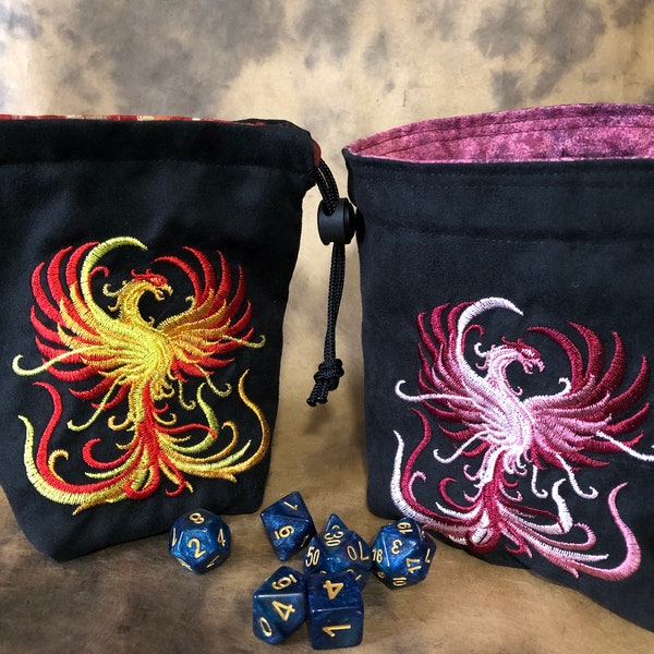 dice bag/embroidered dice bag/ phoenix/ reversible dice bag/rune stone bag/ tarot card pouch/ fiery phoenix/ dungeons and dragons/ D20