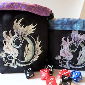dice bag/embroidered dice bag/ glow in the dark mermaid/ reversible dice bag/rune stone pouch/ tarot card bag/ mermaid embroidery