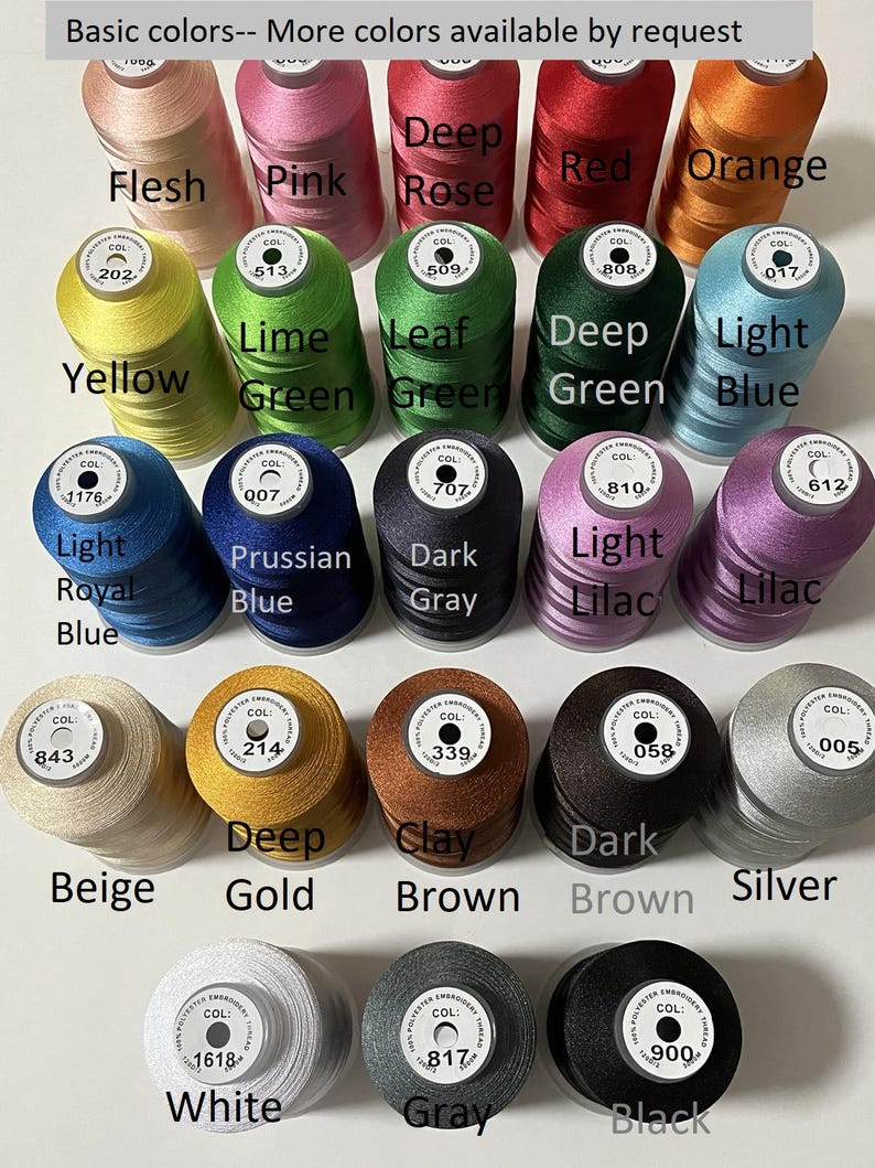 May include: A collection of colorful embroidery thread spools. The image displays a variety of colors, including red, orange, yellow, green, blue, purple, brown, and gray. The text at the top reads "Basic colors-- More colors available by request."
