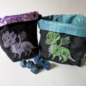 dice bag/embroidered dice bag/ charmed creatures dragon/ reversible dice bag/rune stone bag/ tarot card pouch/ chibi dragon