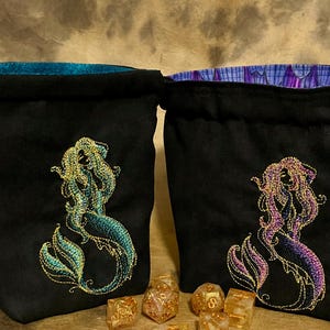 dice bag/embroidered dice bag/ glow in the dark mermaid/ reversible dice bag/rune stone pouch/ tarot card bag/ mermaid embroidery