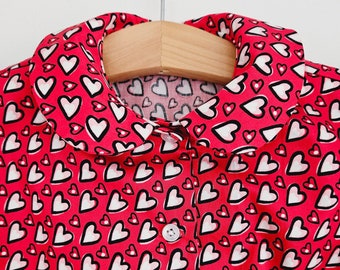 Valentine's day heart print Peter Pan collar shirt with puff sleeves for toddler girls, girls blouse