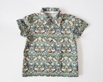 Floral button down shirt for boys, strawberry thief print in green, birds print cotton shirt