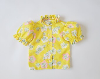 Ruffle collar shirt in bright yellow vintage printed fabric, toddler girl blouse