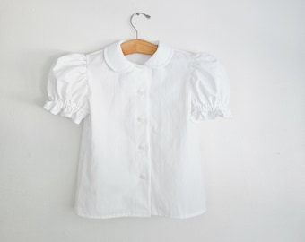 White with stripe detail shirt for toddler girls, Peter Pan collar blouse with puffy sleeves, white cotton blouse